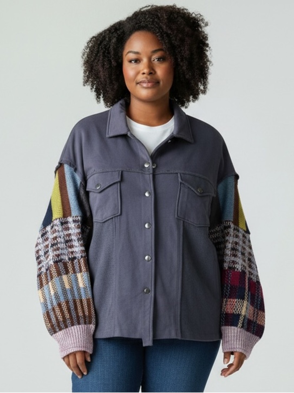 Easel Oversized Patchwork Sleeve Jacket Top Medium Boho Colorblock Button Front